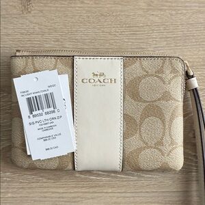 Coach Signature Tan and Cream Wristlet